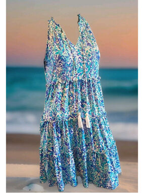 BEACHTIME by Lulu B-Tiered Dress Tassels Halter Collar Bright Sea Glass Blues-XS